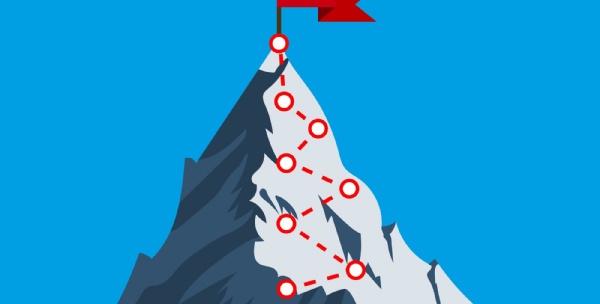 Graphic showing a pathway up a mountain to a red flag at the top